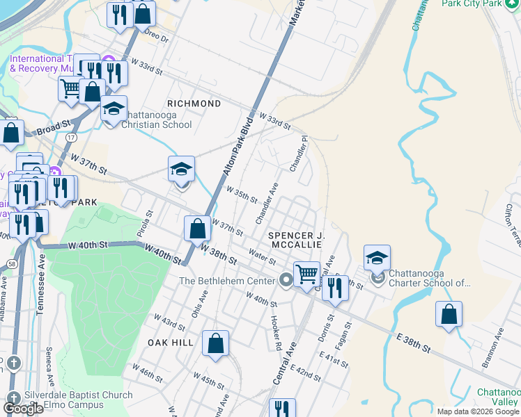 map of restaurants, bars, coffee shops, grocery stores, and more near 3507 Chandler Avenue in Chattanooga