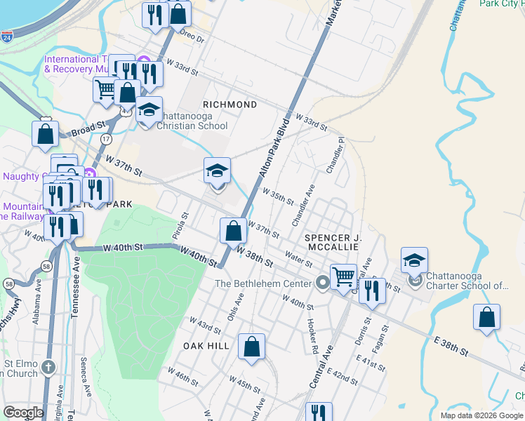map of restaurants, bars, coffee shops, grocery stores, and more near 3511 Ohls Avenue in Chattanooga