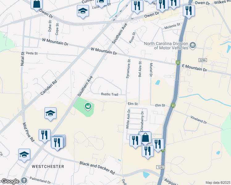 map of restaurants, bars, coffee shops, grocery stores, and more near 2212 Rustic Trail in Fayetteville