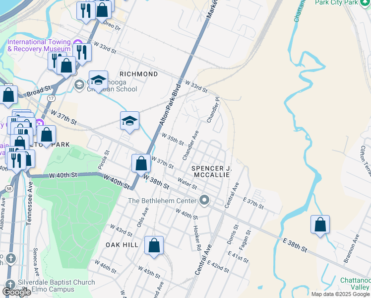 map of restaurants, bars, coffee shops, grocery stores, and more near 3507 Chandler Avenue in Chattanooga