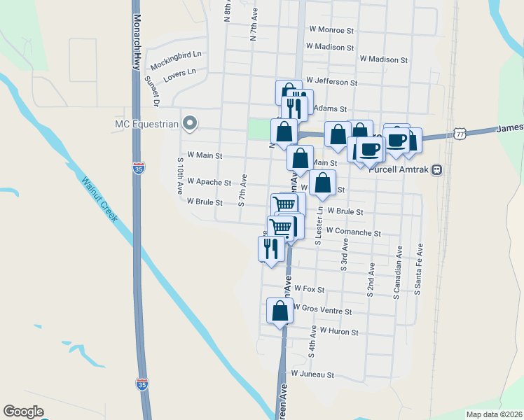map of restaurants, bars, coffee shops, grocery stores, and more near 602 West Brule Street in Purcell