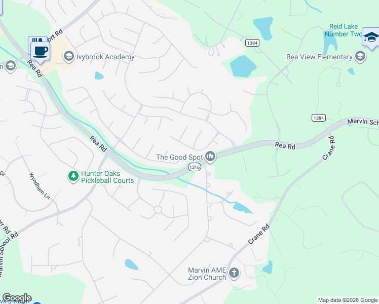map of restaurants, bars, coffee shops, grocery stores, and more near 1415 Coachman Drive in Waxhaw