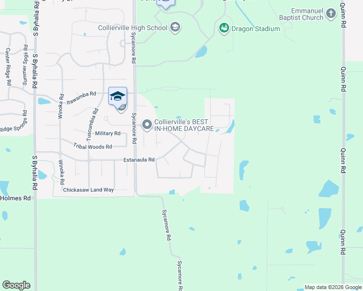 map of restaurants, bars, coffee shops, grocery stores, and more near 203 Estanaula Road in Collierville