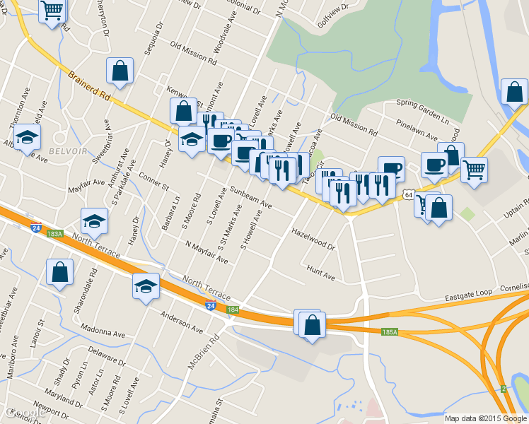 map of restaurants, bars, coffee shops, grocery stores, and more near 104 South Howell Avenue in Chattanooga