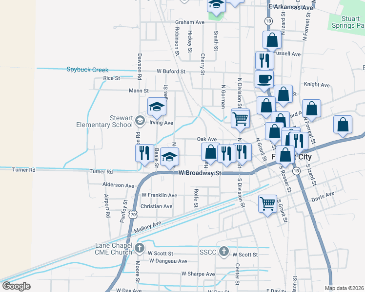 map of restaurants, bars, coffee shops, grocery stores, and more near 219 North Beech Street in Forrest City