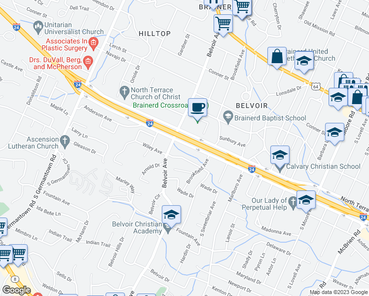 map of restaurants, bars, coffee shops, grocery stores, and more near 4016 South Terrace in Chattanooga