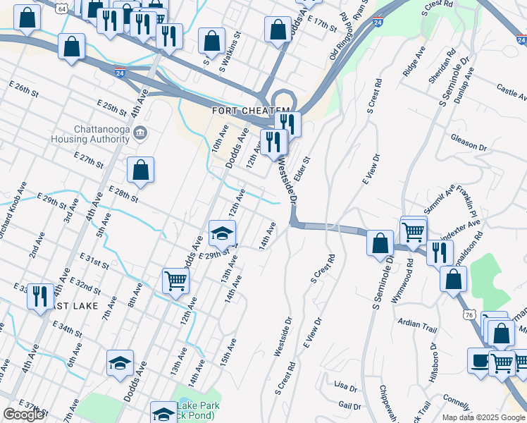 map of restaurants, bars, coffee shops, grocery stores, and more near 3011 East 26th Street in Chattanooga