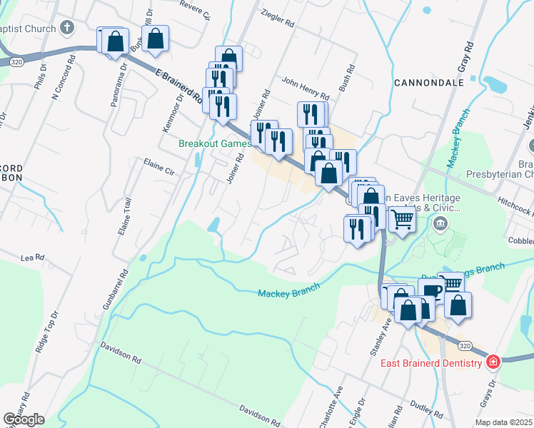 map of restaurants, bars, coffee shops, grocery stores, and more near 1402 Stratman Circle in Chattanooga