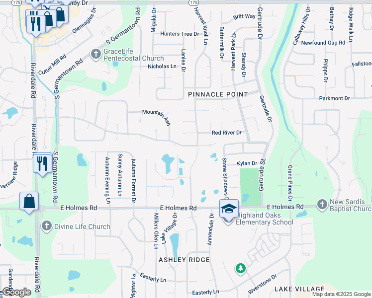 map of restaurants, bars, coffee shops, grocery stores, and more near 7353 Germantown Trail in Memphis