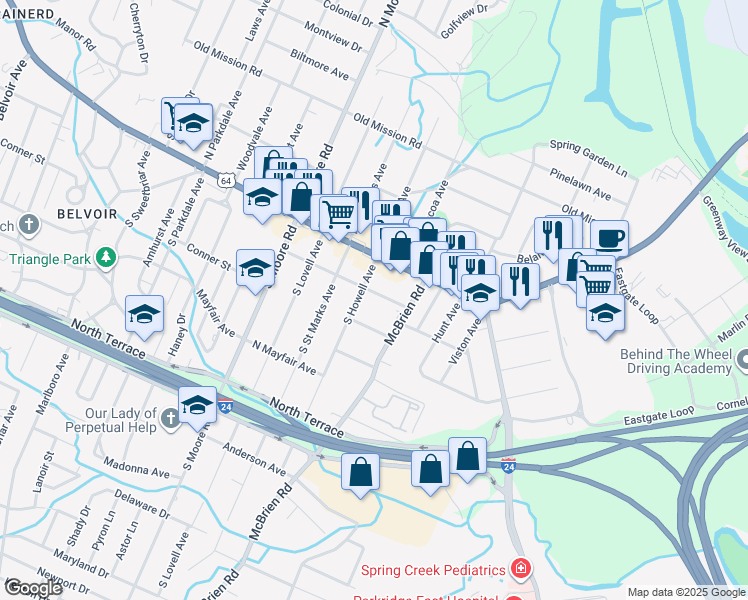 map of restaurants, bars, coffee shops, grocery stores, and more near 104 South Howell Avenue in Chattanooga