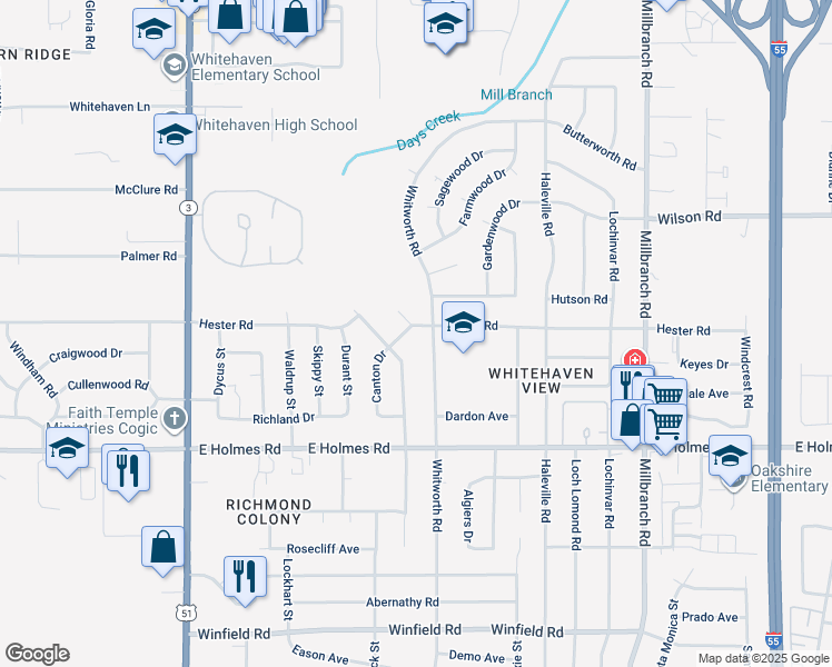 map of restaurants, bars, coffee shops, grocery stores, and more near 5061 Ridgewood Drive in Memphis