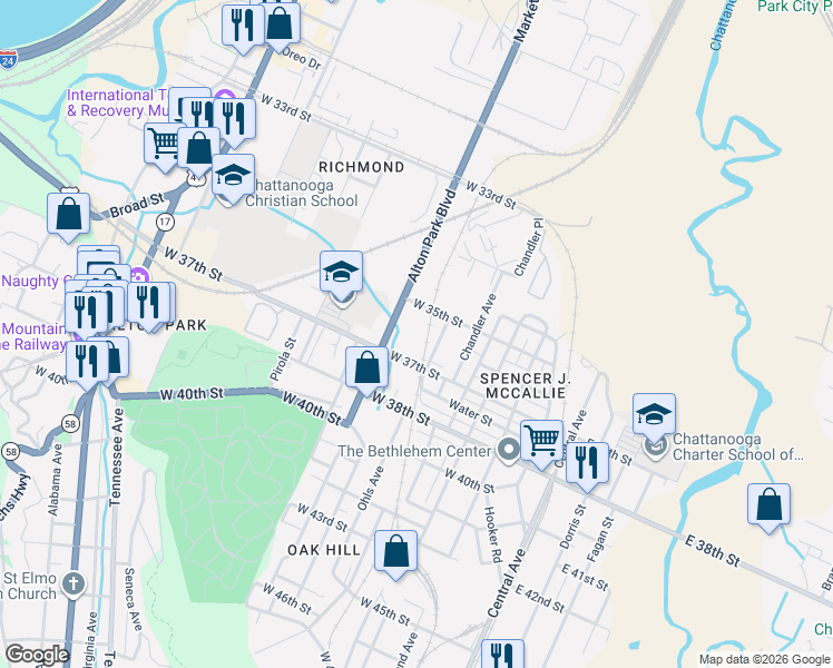 map of restaurants, bars, coffee shops, grocery stores, and more near 3511 Ohls Avenue in Chattanooga