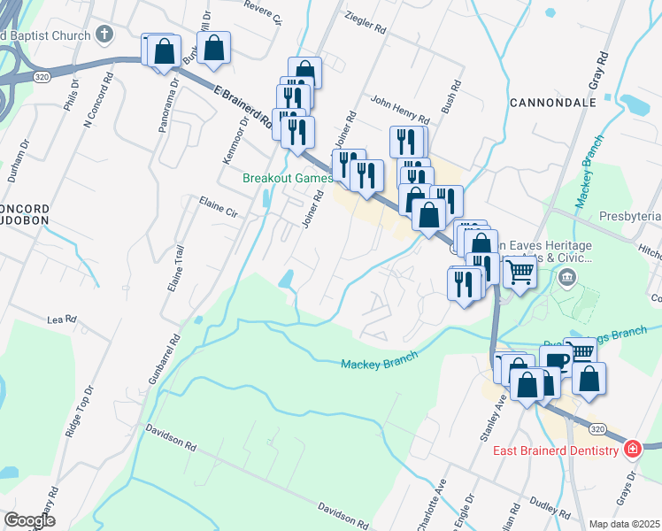 map of restaurants, bars, coffee shops, grocery stores, and more near 1339 Stratton Place Drive in Chattanooga