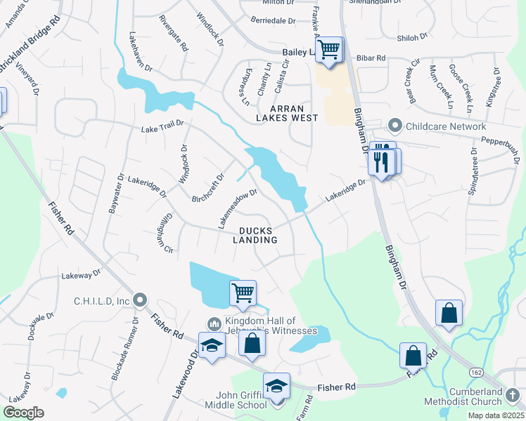map of restaurants, bars, coffee shops, grocery stores, and more near 6008 Shearwater Drive in Fayetteville
