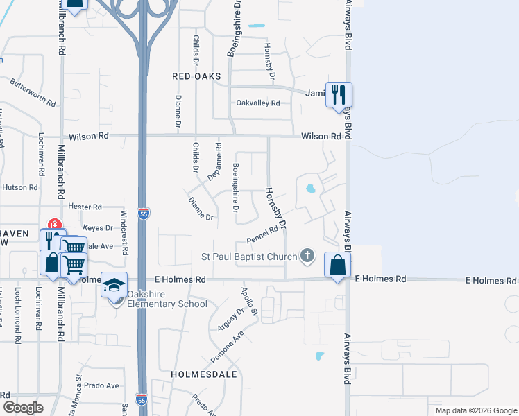 map of restaurants, bars, coffee shops, grocery stores, and more near 5064 Cedar Valley Drive in Memphis