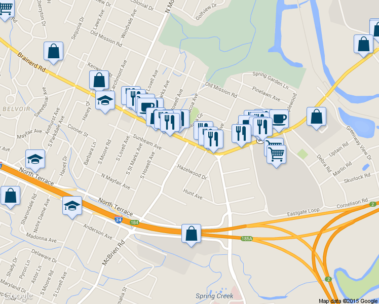 map of restaurants, bars, coffee shops, grocery stores, and more near 5 S Brooks Ave in Chattanooga