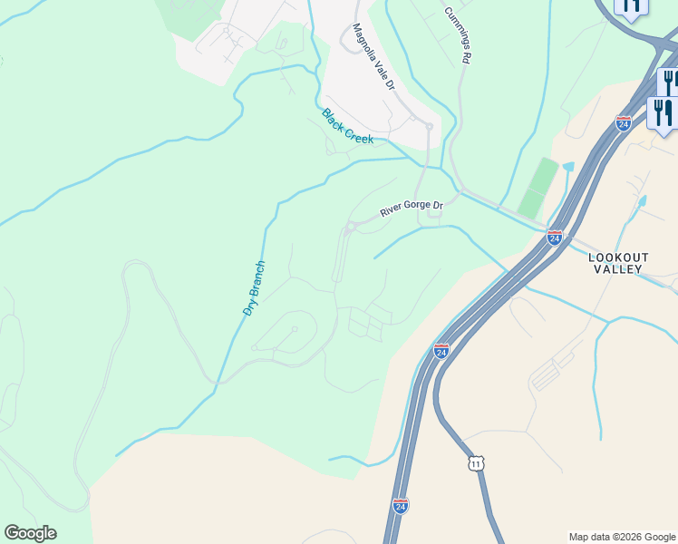 map of restaurants, bars, coffee shops, grocery stores, and more near River Gorge Drive in Chattanooga