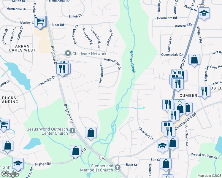 map of restaurants, bars, coffee shops, grocery stores, and more near 5564 Pepperbush Drive in Fayetteville