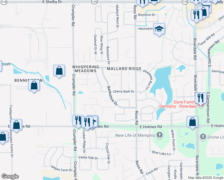 map of restaurants, bars, coffee shops, grocery stores, and more near 5070 Barkshire Drive in Memphis