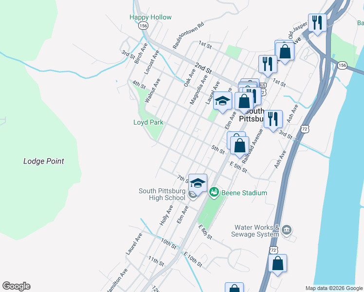 map of restaurants, bars, coffee shops, grocery stores, and more near 601 Magnolia Avenue in South Pittsburg