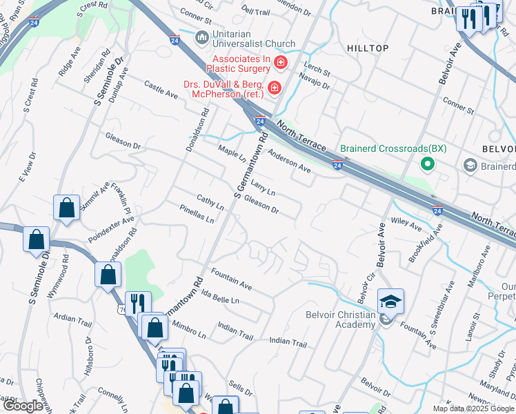map of restaurants, bars, coffee shops, grocery stores, and more near 3610 Gleason Drive in Chattanooga