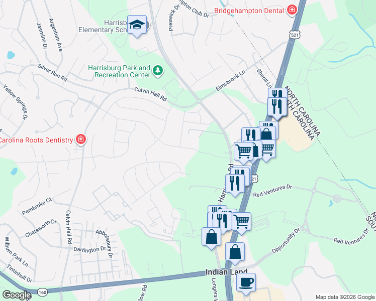 map of restaurants, bars, coffee shops, grocery stores, and more near 9949 Harrisburg Road in Fort Mill