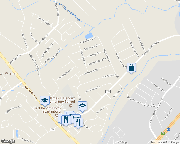 map of restaurants, bars, coffee shops, grocery stores, and more near 501 Hemlock Drive in Boiling Springs