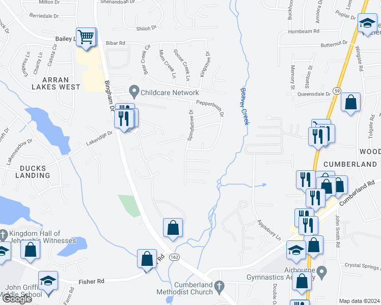 map of restaurants, bars, coffee shops, grocery stores, and more near 5536 Pepperbush Drive in Fayetteville