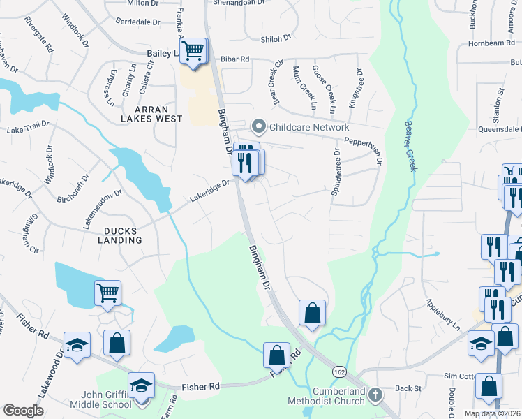 map of restaurants, bars, coffee shops, grocery stores, and more near 2617 Highpoint Court in Fayetteville