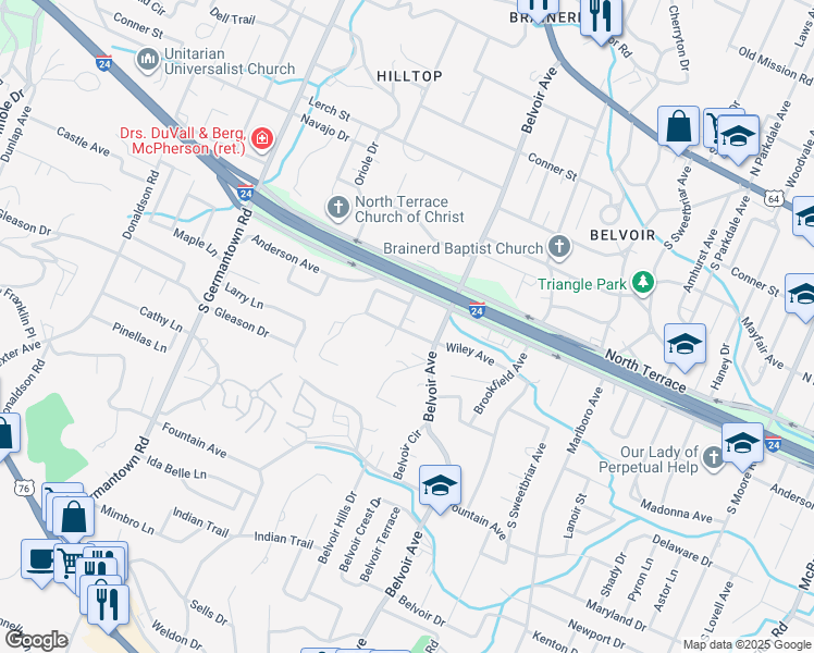 map of restaurants, bars, coffee shops, grocery stores, and more near 3810 Wiley Avenue in Chattanooga