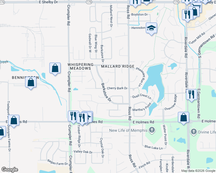map of restaurants, bars, coffee shops, grocery stores, and more near 6620 Cherry Bark Drive in Memphis