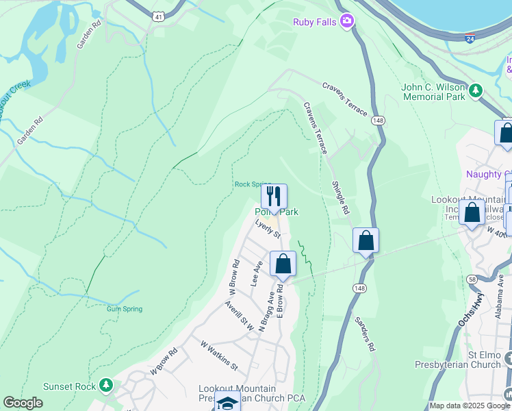 map of restaurants, bars, coffee shops, grocery stores, and more near 1100 W Brow Rd in Lookout Mountain