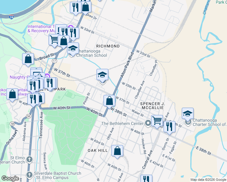 map of restaurants, bars, coffee shops, grocery stores, and more near 3605 Alton Park Boulevard in Chattanooga