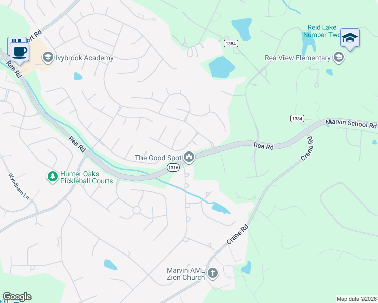 map of restaurants, bars, coffee shops, grocery stores, and more near 1206 Foxfield Road in Waxhaw