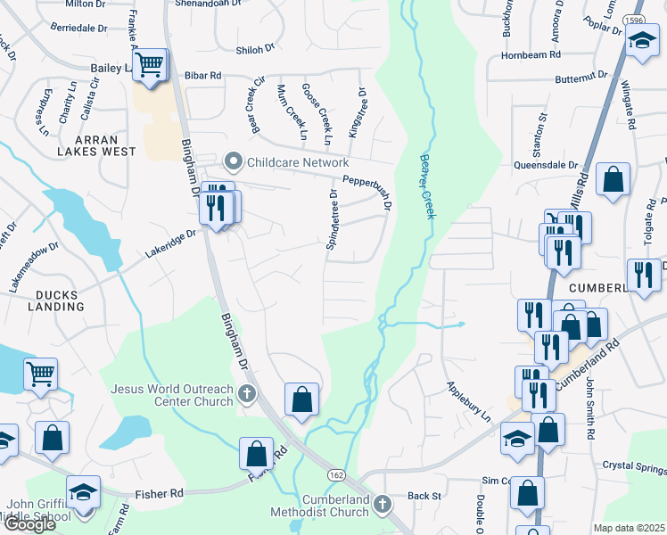 map of restaurants, bars, coffee shops, grocery stores, and more near 5536 Pepperbush Drive in Fayetteville