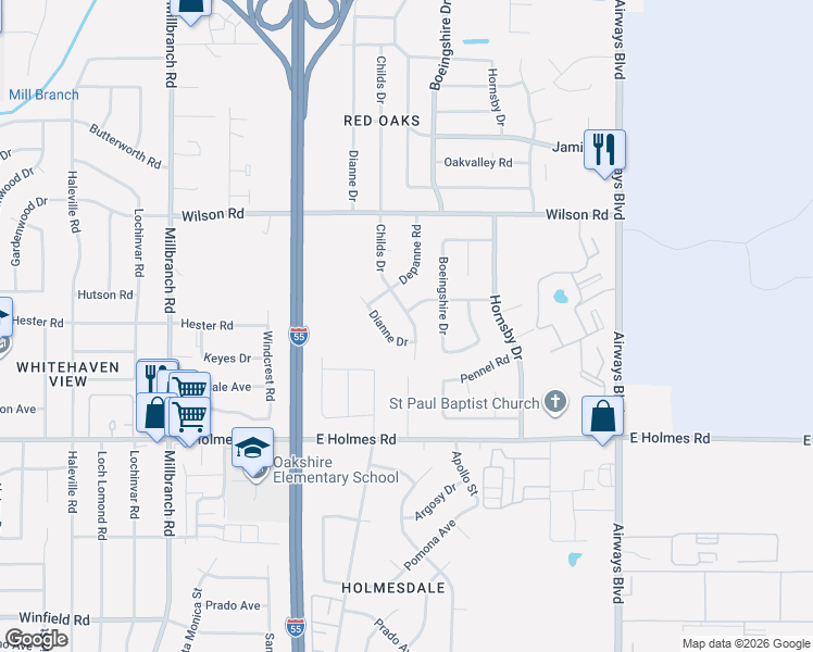 map of restaurants, bars, coffee shops, grocery stores, and more near 5065 Childs Drive in Memphis