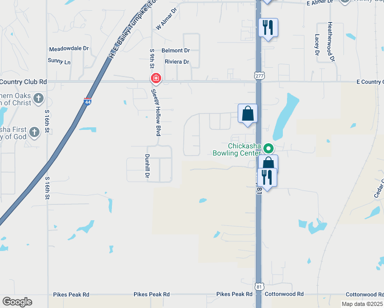 map of restaurants, bars, coffee shops, grocery stores, and more near 186 Parkway Drive in Chickasha