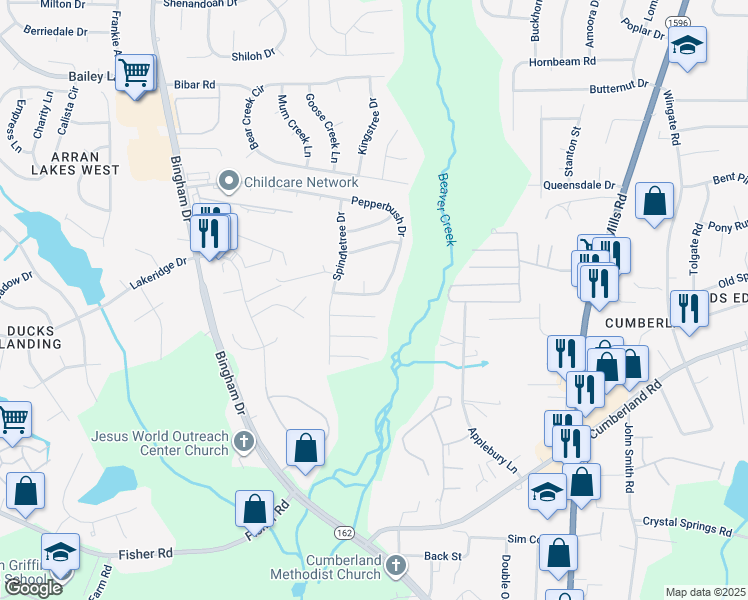 map of restaurants, bars, coffee shops, grocery stores, and more near 5564 Pepperbush Drive in Fayetteville