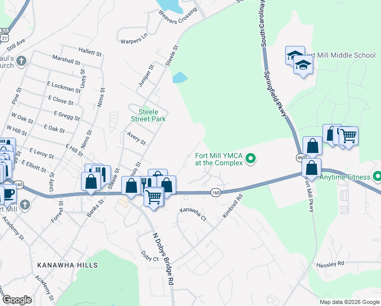 map of restaurants, bars, coffee shops, grocery stores, and more near 127 Bozeman Drive in Fort Mill