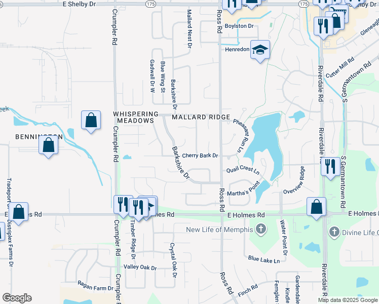map of restaurants, bars, coffee shops, grocery stores, and more near 6620 Cherry Bark Drive in Memphis