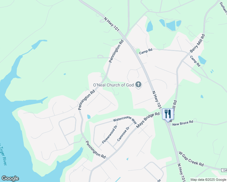 map of restaurants, bars, coffee shops, grocery stores, and more near 3625 Pennington Road in Greer