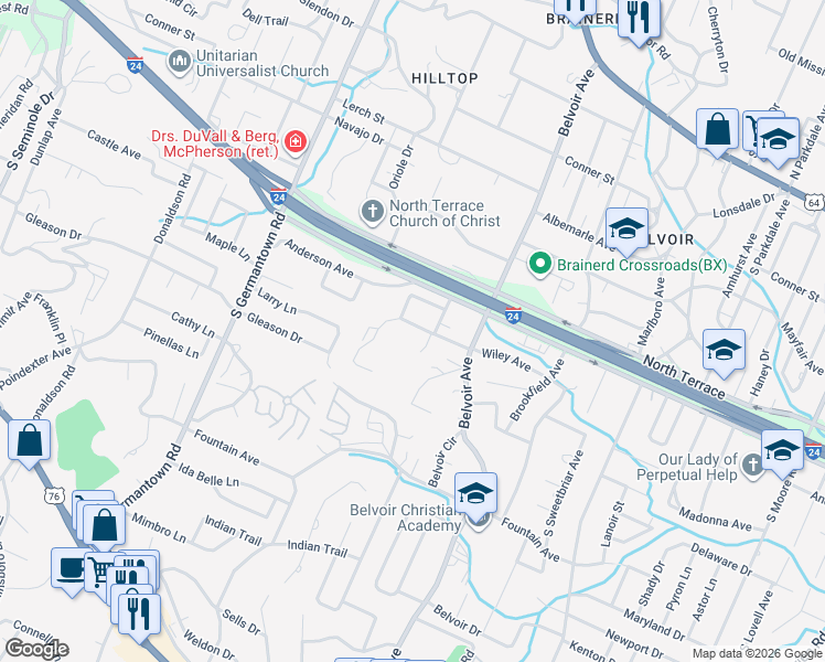 map of restaurants, bars, coffee shops, grocery stores, and more near 3810 Wiley Avenue in Chattanooga