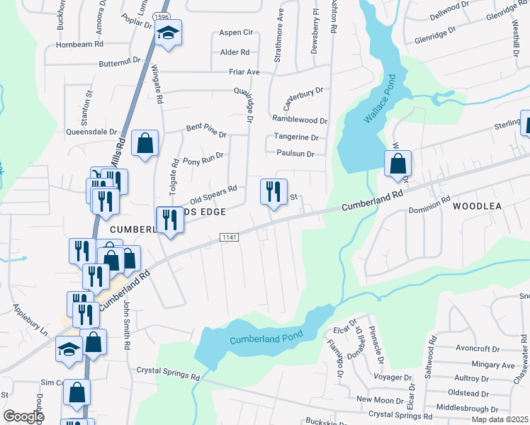 map of restaurants, bars, coffee shops, grocery stores, and more near 4428 Cumberland Road in Fayetteville