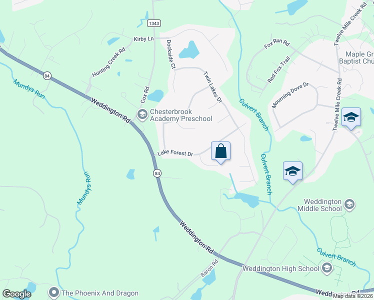 map of restaurants, bars, coffee shops, grocery stores, and more near 1025 Lake Forest Drive in Weddington