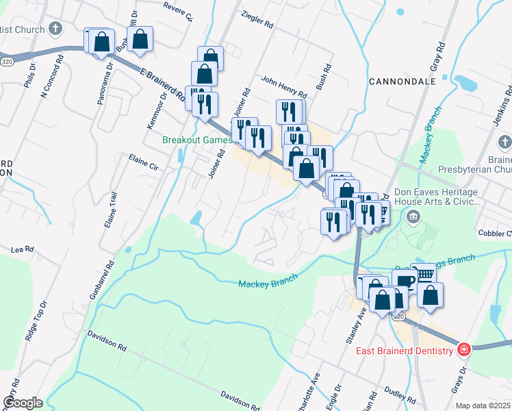 map of restaurants, bars, coffee shops, grocery stores, and more near 1406 Stratman Circle in Chattanooga
