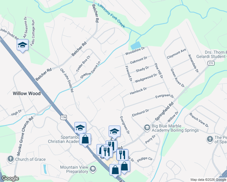 map of restaurants, bars, coffee shops, grocery stores, and more near 158 Hearthstone Lane in Boiling Springs