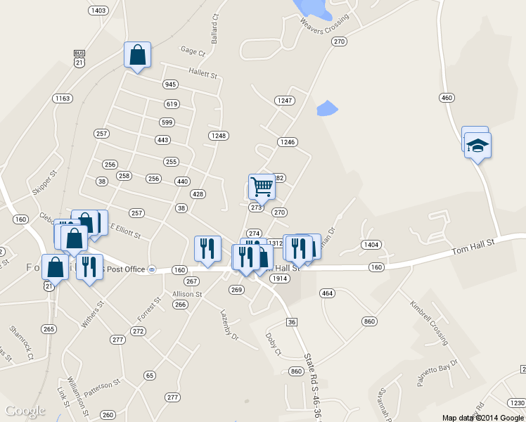 map of restaurants, bars, coffee shops, grocery stores, and more near 109 Randolph St in Fort Mill