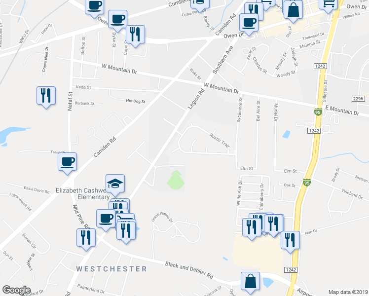 map of restaurants, bars, coffee shops, grocery stores, and more near 2248 Rustic Trail in Fayetteville