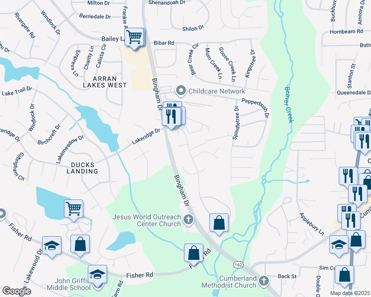 map of restaurants, bars, coffee shops, grocery stores, and more near 2605 Highpoint Court in Fayetteville