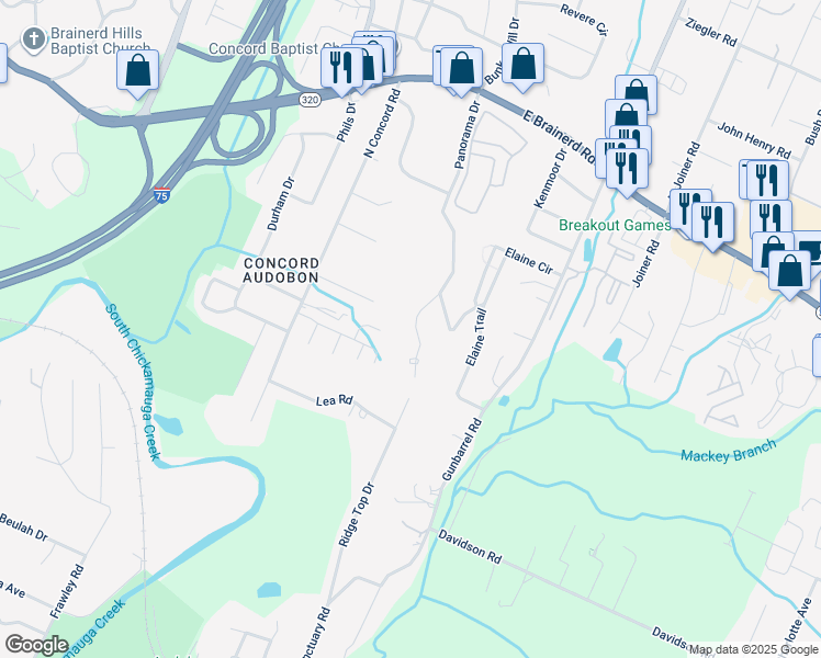 map of restaurants, bars, coffee shops, grocery stores, and more near 1013 Panorama Drive in Chattanooga